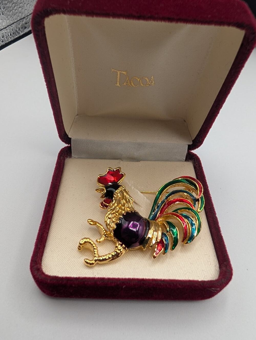 TACOA VTG Rooster Brooch Pin Multi-Color Enamel Gold Tone Fashion Orig Box